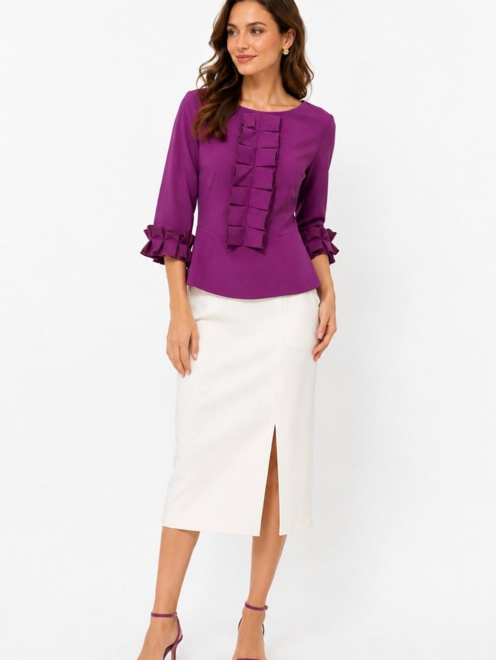 Sandra Angelozzi Couture Purple Ruffle Sleeve Blouse | Elegant Statement Top S38